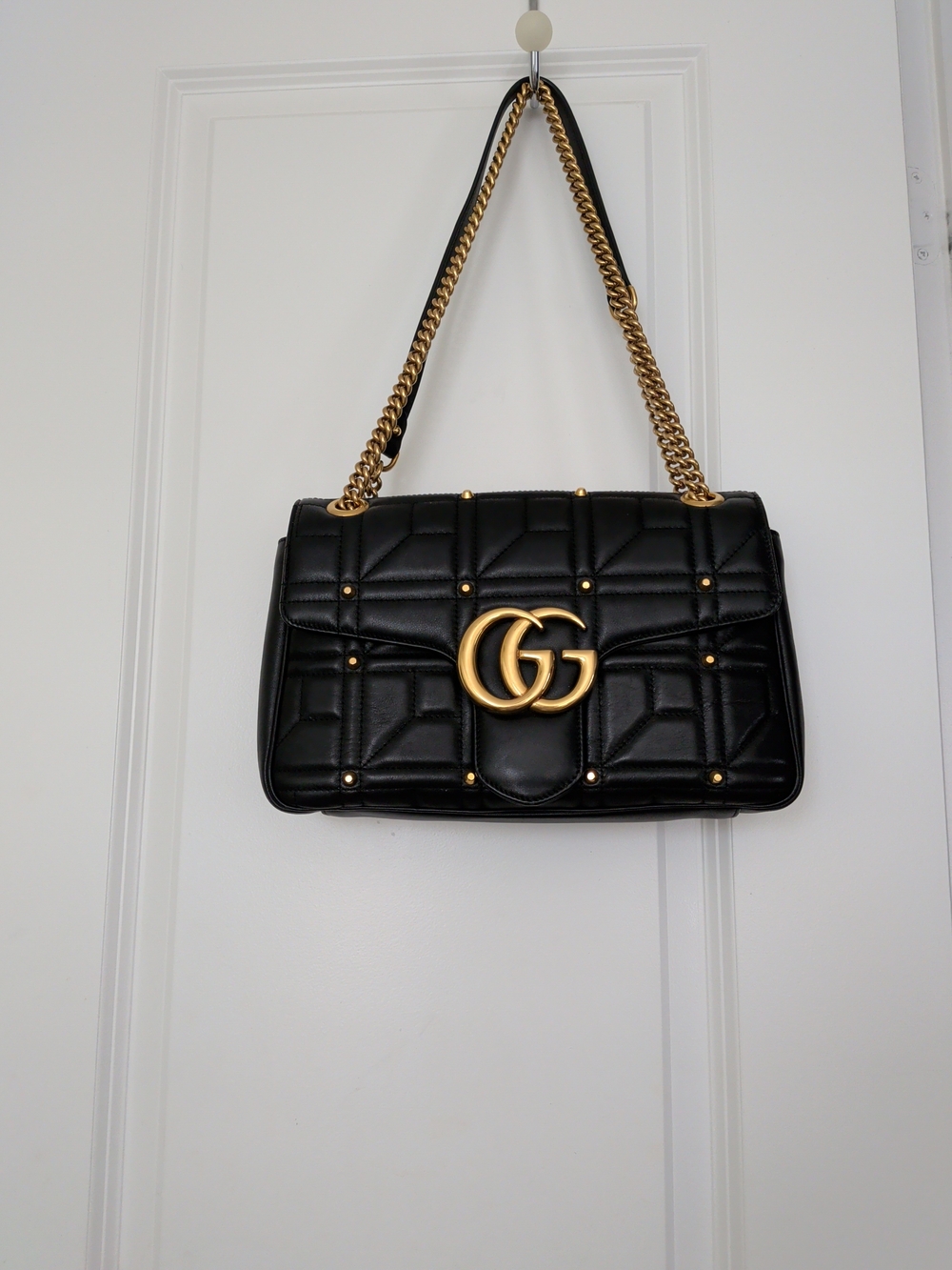 Black Quilted Leather Shoulder Bag with Gold Chain and Double GG Logo